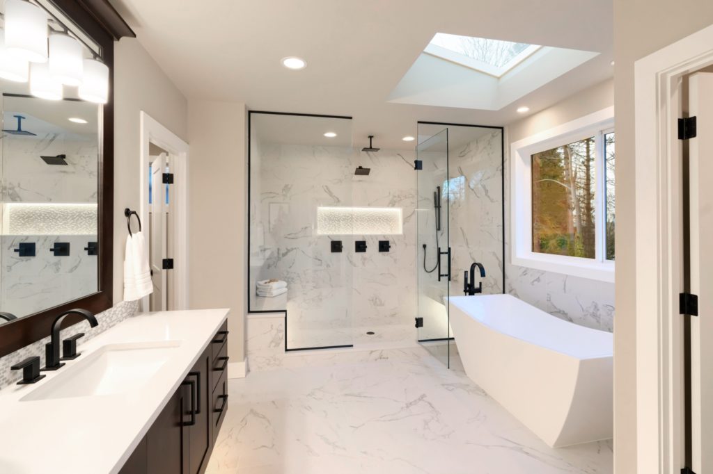 A beautiful marble bathroom.