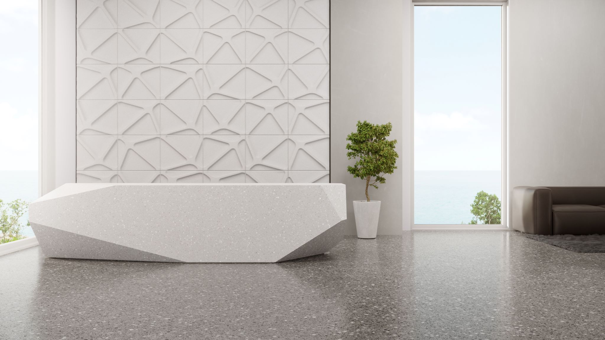 luxury interior design with terrazzo floor, white tile background, polygonal shaped counter, next to window with a sea view